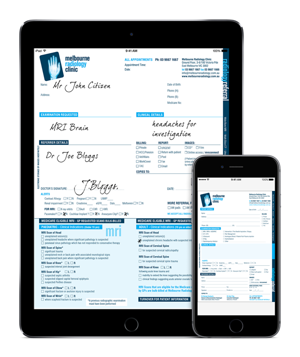 MRI Imaging - Radiology Referral Example shown on smart phone and iPad